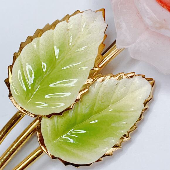 Austria Mid Century Pink Celluloid Rose Brooch Gold Tone Enamel Leaves READ - Picture 6 of 15